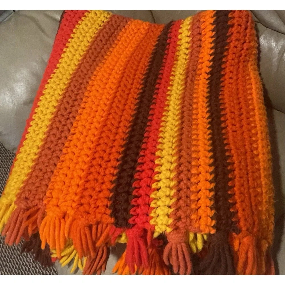 Handmade crochet 70s Afghan Blanket Orange Brown Yellow 47